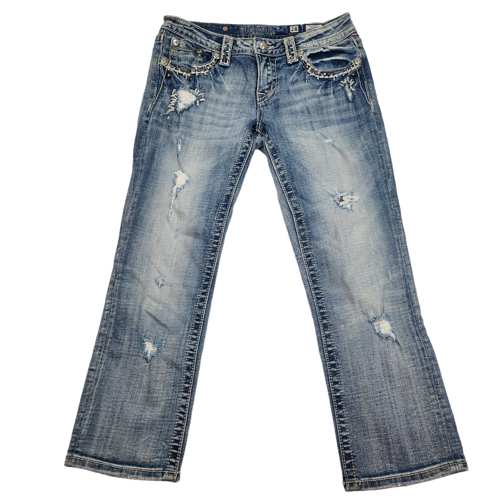 Miss Me Jeans 28 Cuffed Capri Faded Destroyed Abrasion Y2k Pocket Flap